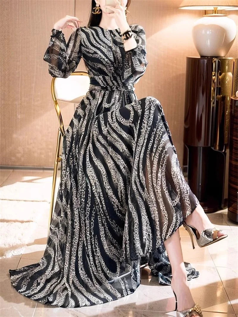 Fashionable Temperament Elegant Socialite Waist Cinching Big Swing Long Skirt Vnique Beautiful Mature Mature Queen Print Dress