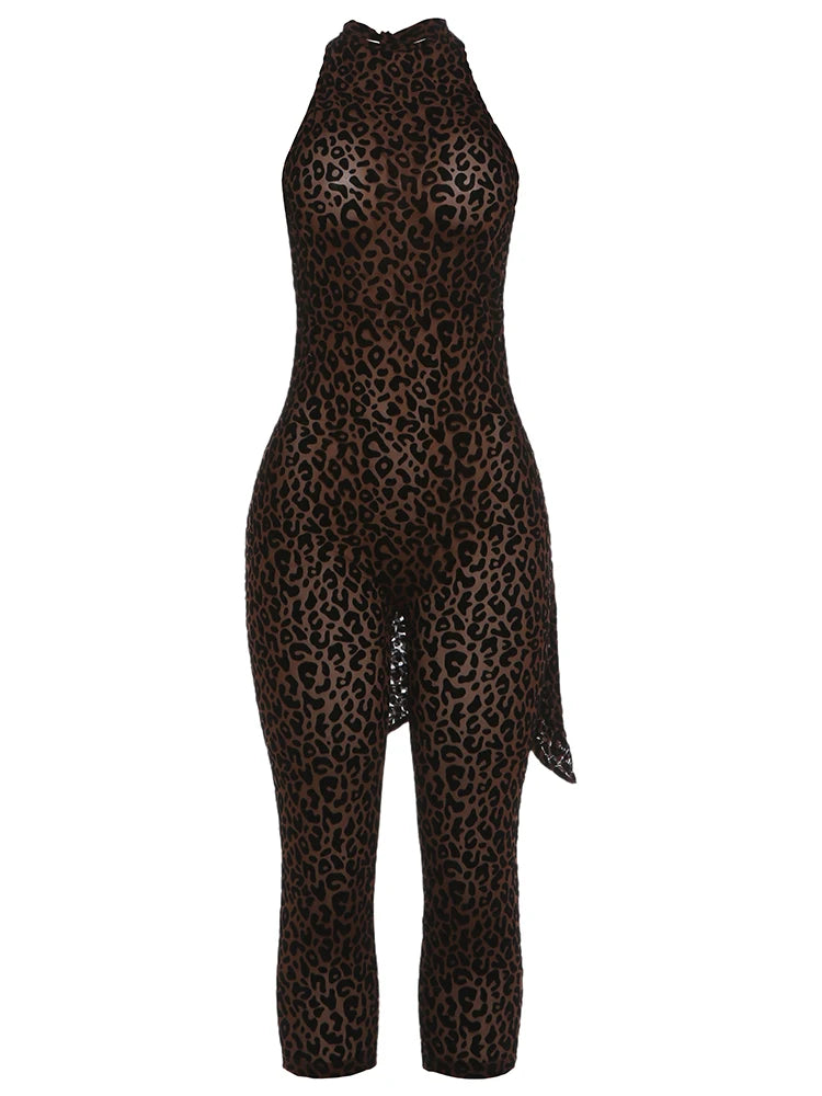 Leopard Print Backless Sleeveless Halter Romper for Women