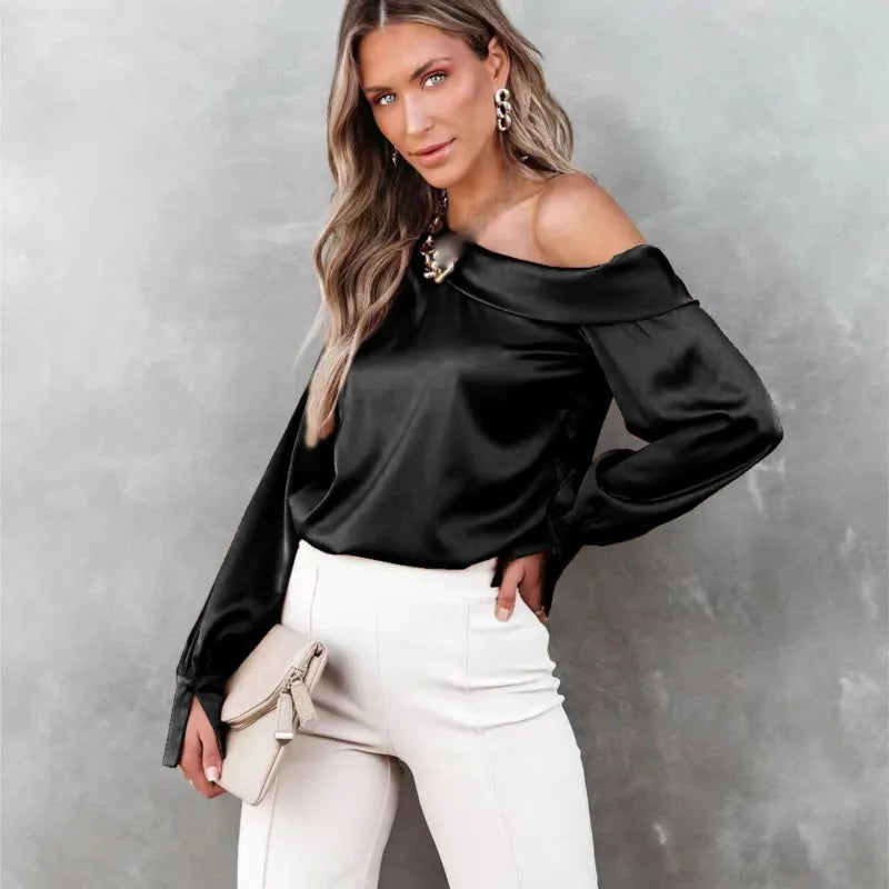 Women Fashion Sexy Slash Neck Satin Blouse Solid Color Long Sleeve Off Shoulder Office Shirt Lady Casual Loose Blouse Tops