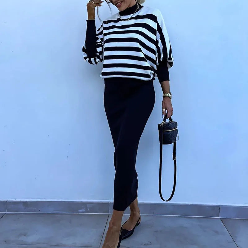 2025 New Autumn Striped Loose Pullover Women's Suit Sexy V-neck Sleeveless Dress Two-piece Set Casual Knitted Slim Fit Outfits