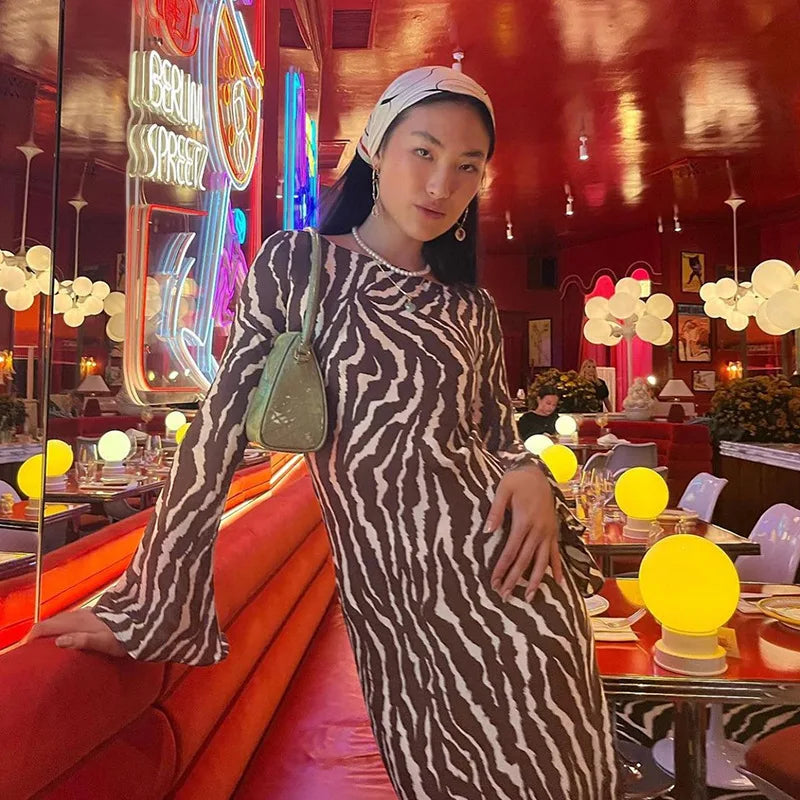 Temperament printed crewneck basic dress female fall style fashion elegant slim dress