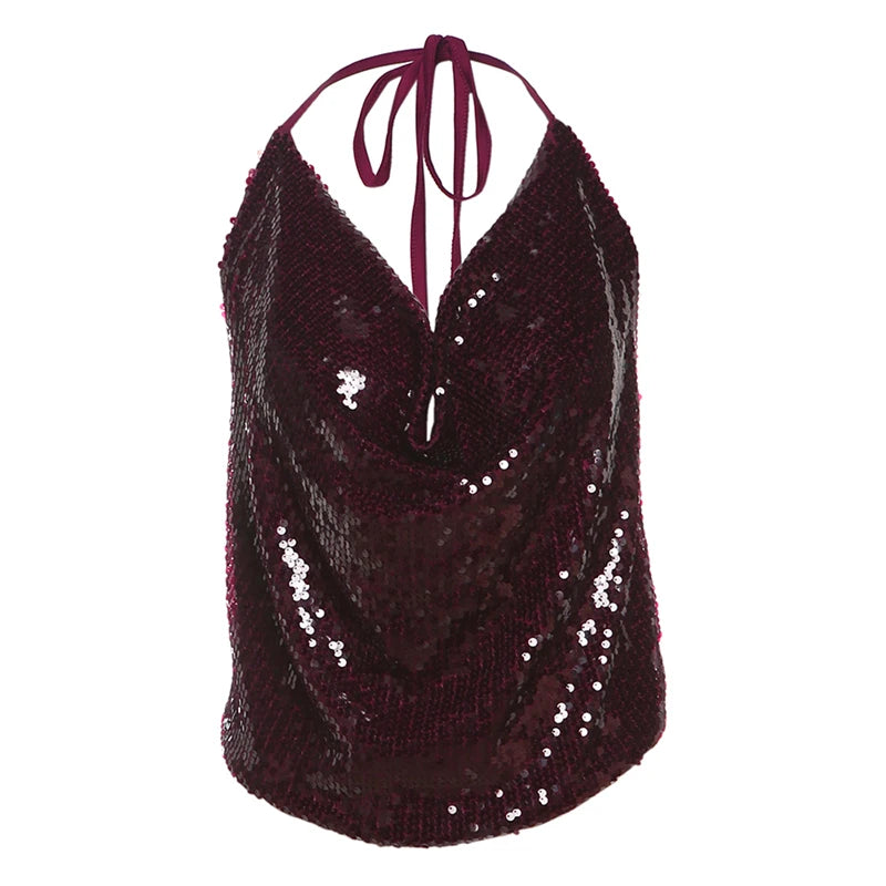 Weird Puss Y2K Sequins Sexy Camisole Women Backless Swing Collar Glitter Beach Vacation Wild Midnight Club Summer Trend Vest
