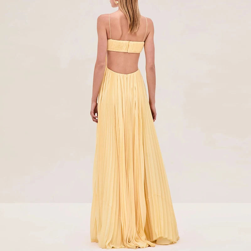 Sexy Lady Backless Solid Swing Dress Elegant Sleeveless Hollow Long Dress Fashion Off Shoulder High Waist Pleated Evening Dress