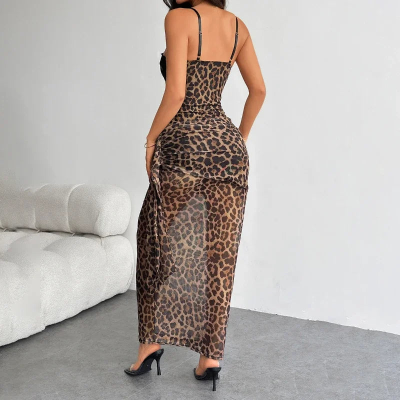 Sexy Women's Dress 2025 Summer Fashion Spicy Girl Party Leopard Print Lace Strapless Slim Fit Suspender Long Dress for Female