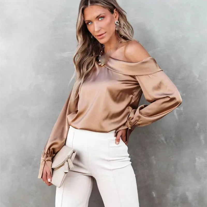 Women Fashion Sexy Slash Neck Satin Blouse Solid Color Long Sleeve Off Shoulder Office Shirt Lady Casual Loose Blouse Tops