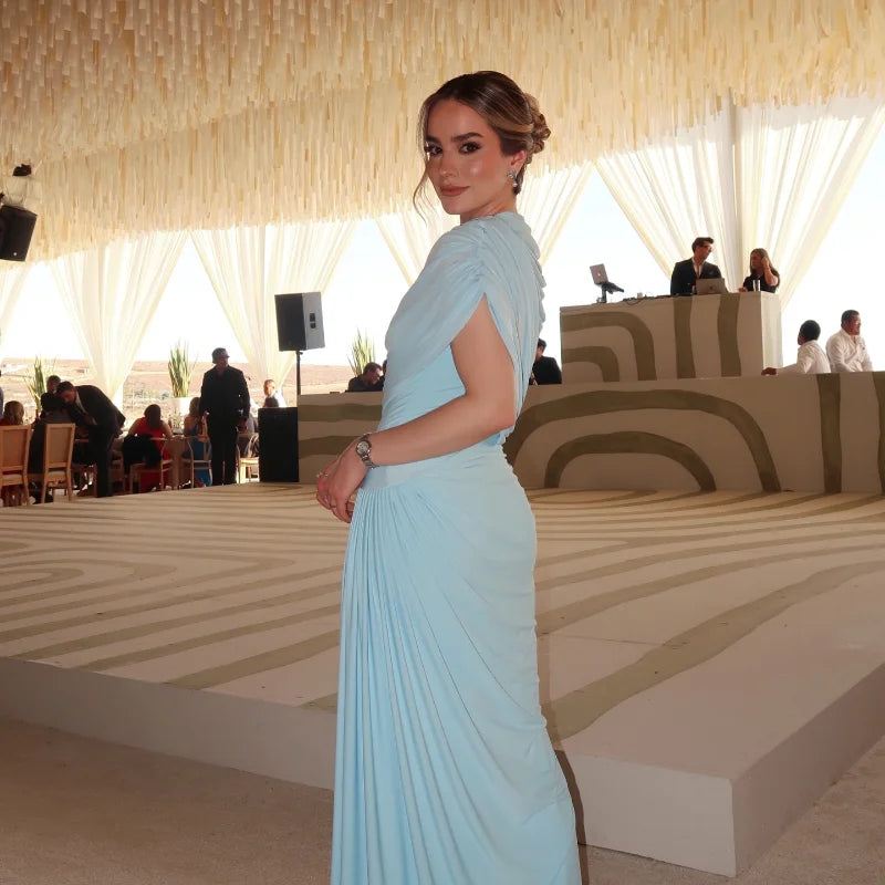 Blue Pleated Shawl Maxi Dress Women Elegant Short Sleeve Slim Fit Evening Party Robe 2025 Autumn Summer Chic Solid New Vestidos