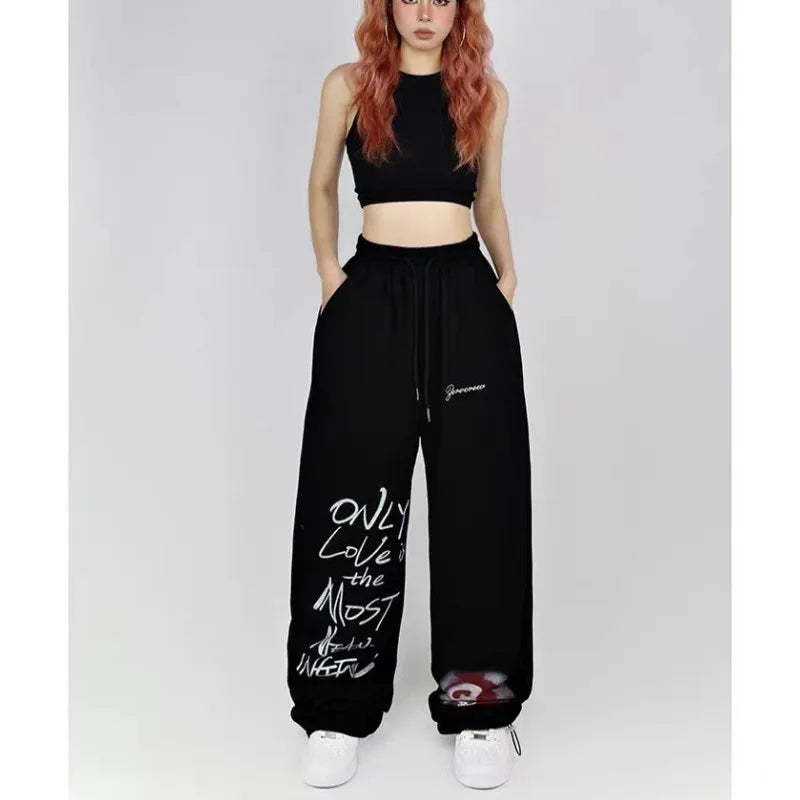Black White Drawstring Design Sweatpants Women High Street Hip-hop Wide Leg Pants Women New Summer All-match Long Trousers