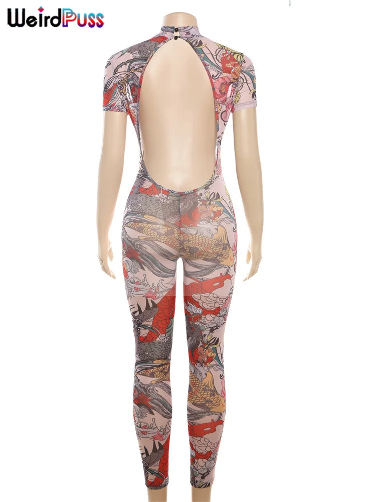 Weird Puss Serpentine Jumpsuit Women See Through Backless Short Sleeve Sexy Fit Summer Workout Overalls Stretch Button Clubwear