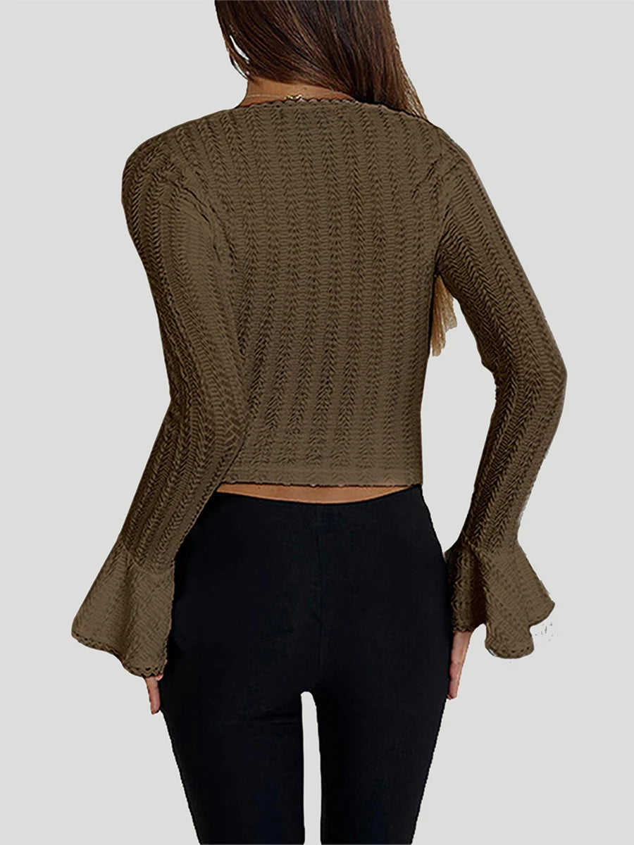 Women's Solid Color T-Shirts Autumn Textured Picot Trim Scoop Neck Long Bell Sleeves Slim Fit Crop Tops Female Casual Pullovers