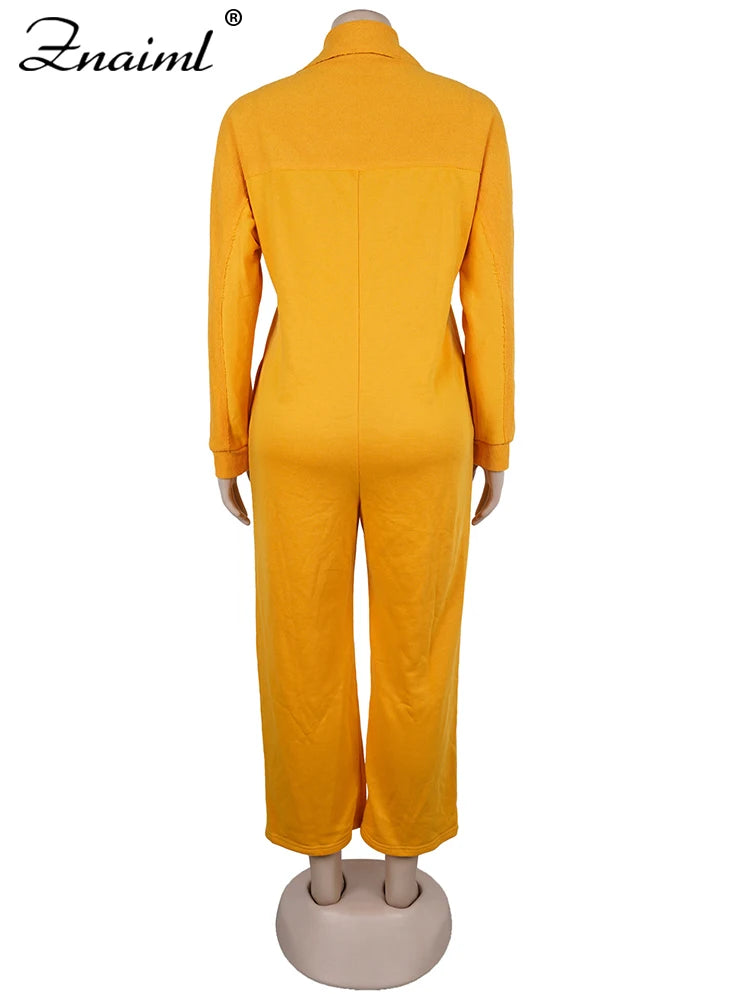 Znaiml Women's Long Sleeve Pocket Jumpsuit Casual Loose Wide Leg Pants Orange Shirt Rompers One Piece Autumn Streetwear Outfit