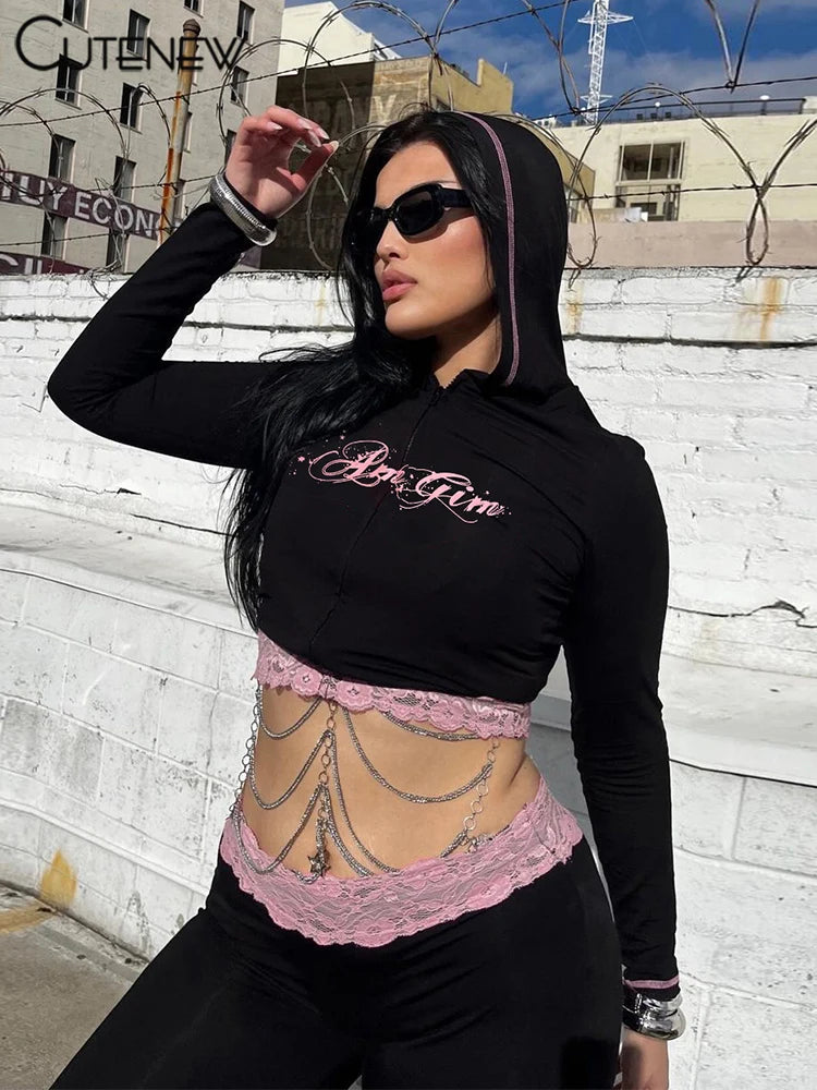 Lace Patchwork Hooded Top Two-Piece Set