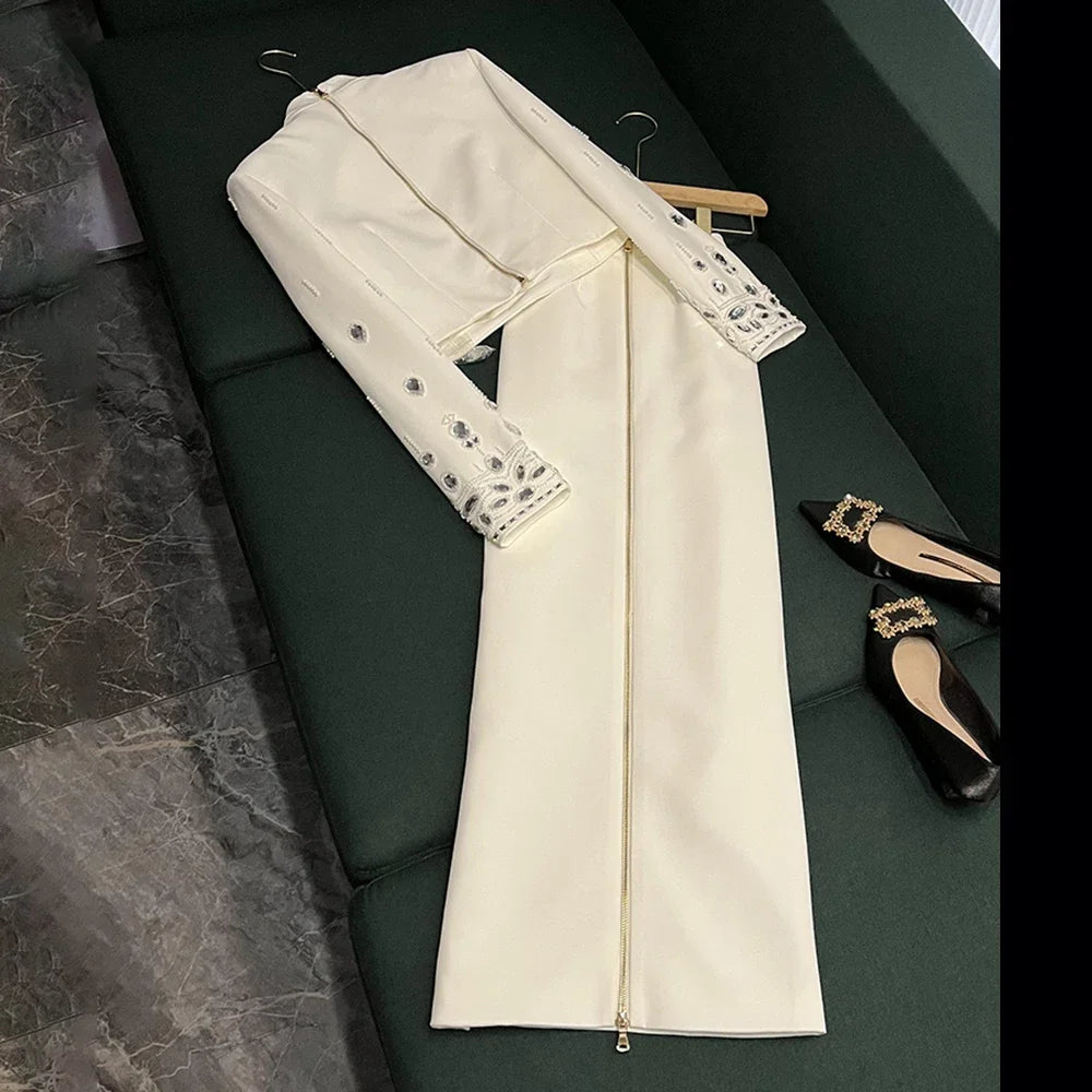 TWOTWINSTYLE High Street Two Piece Set For Women Stand Collar Long Sleeve Spliced Zipper Tops A Line Skirt Set Female KSE504167