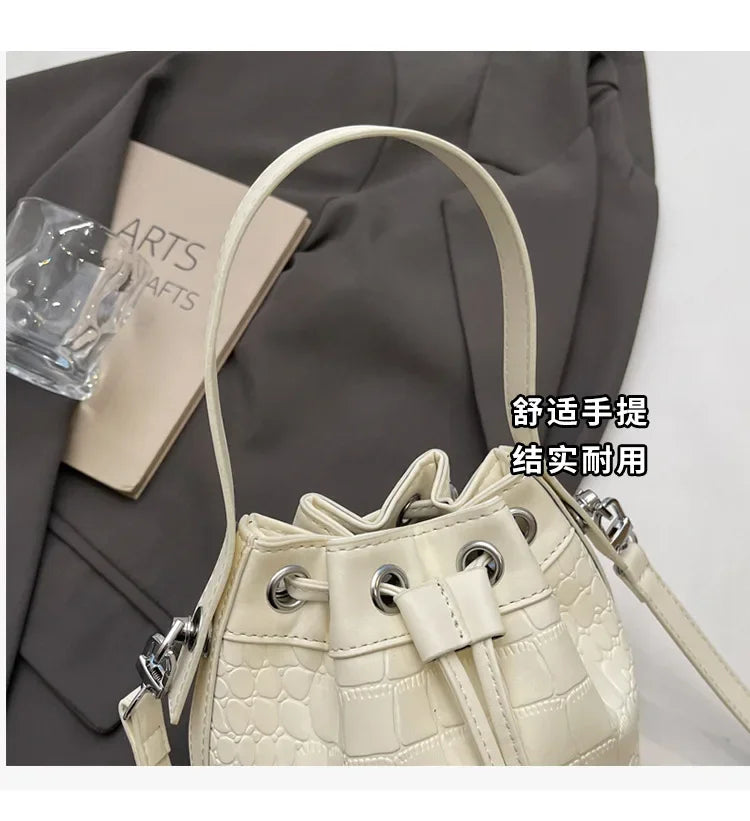 2025 New Trendy Women's Drawstring Tote Bag - Vintage Stone Texture Crossbody Satchel with Retro Minimalist Design