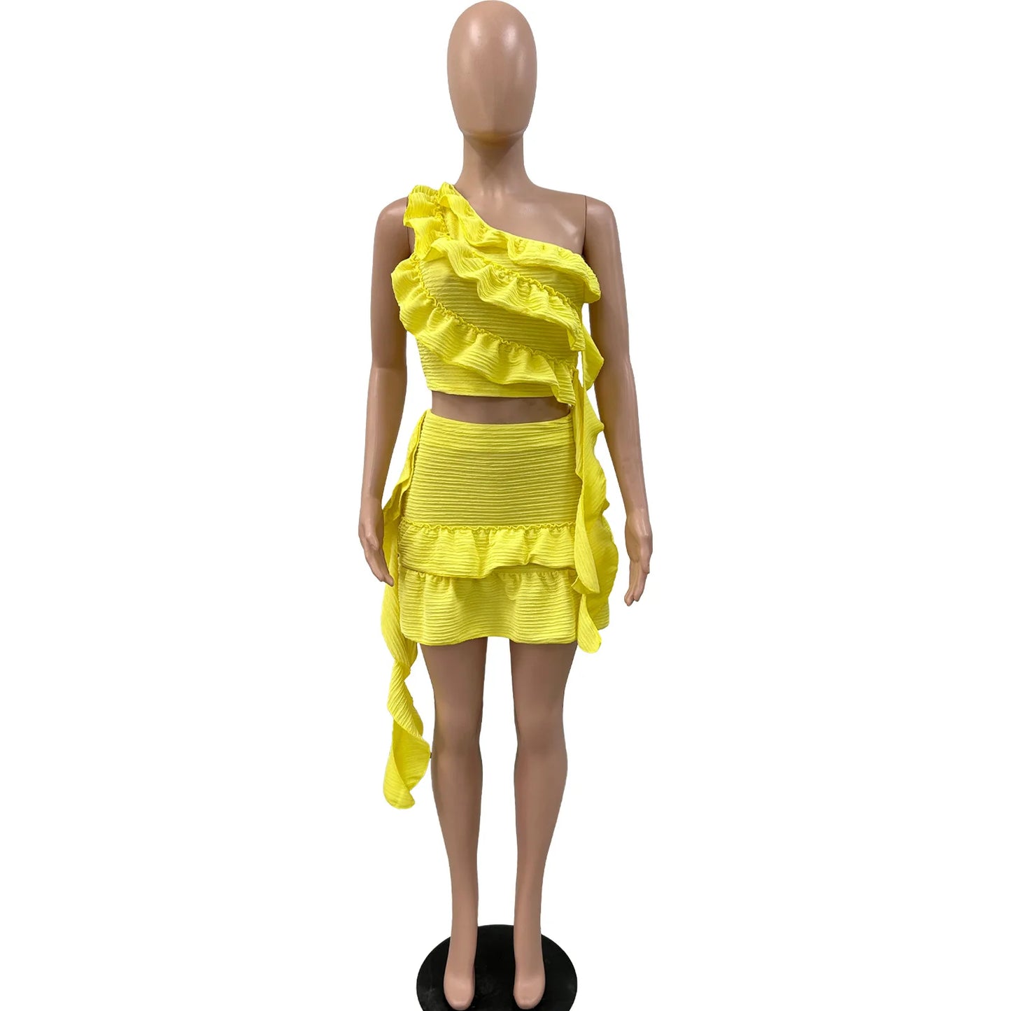 CM.YAYA Women Set Sleeveless One Shoulder Ruffles Tops and Mini Skirt Suits 2024 Sexy Cute beach Street Two 2 Piece Set Outfits