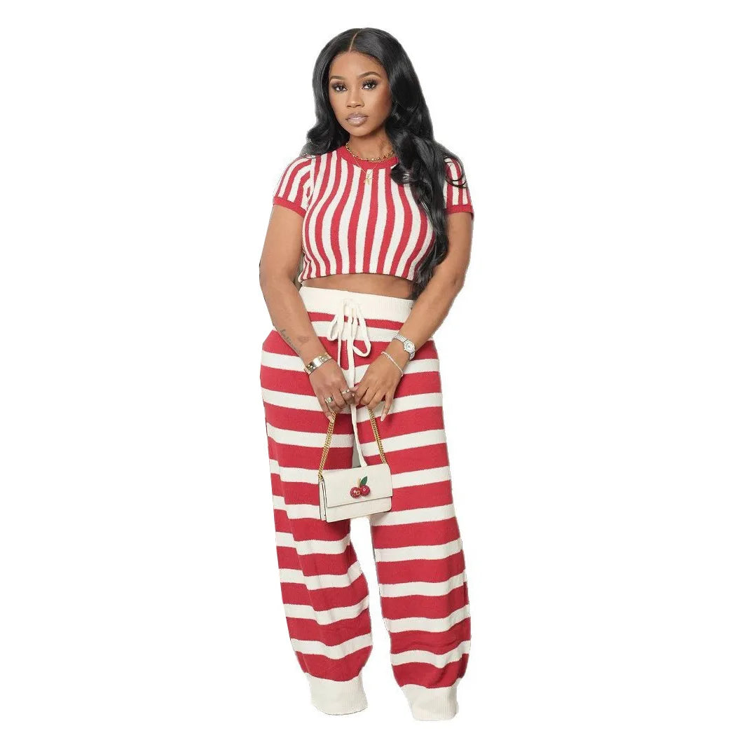 CM.YAYA Women's Set Short Sleeve Striped T-shirt + Wide Leg Pants Active Fitness Streetwear Two 2 Piece Sets Outfits Tracksuit