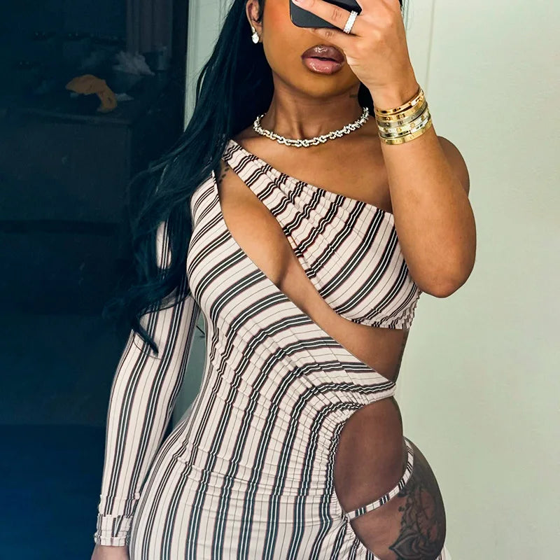 Joskaa Striped Print Cutout Jumpsuits Women Hipster Sexy Oblique Shoulder Backless Skinny One Piece Rompers Midnight Clubwear