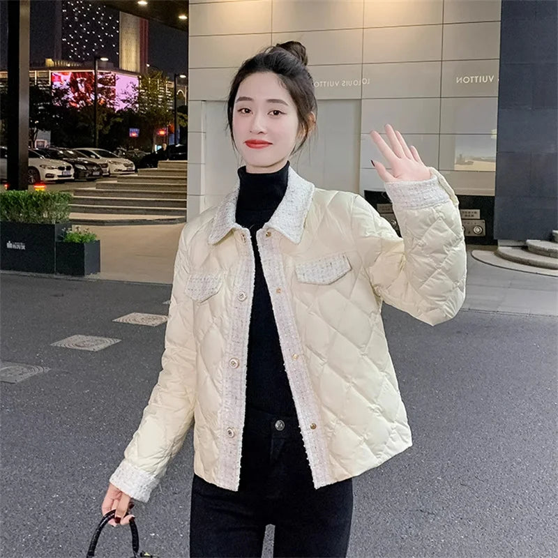 Lightweight Down Cotton Jacket Women's Short Jacket 2023 Winter New White French Style Fashion Women Jackets Patchwork Tweed Coa