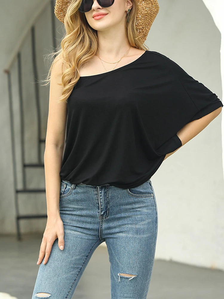 Women's 2025 Summer New One Shoulder Casual Summer Tops Half Sleeve Loose Top Solid Colour Daily Wear T Shirt Basic