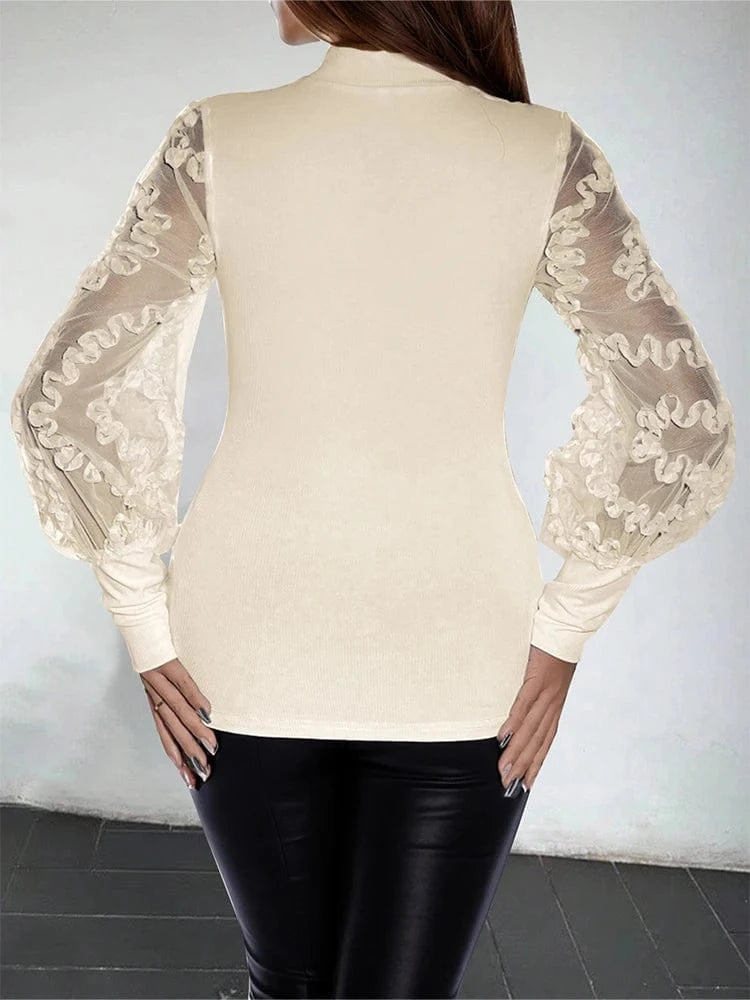 Summer 2025 Women's Long-Sleeve Lace Trim Mesh Blouse round Neck Versatile Thin Model Bottoming Shirt