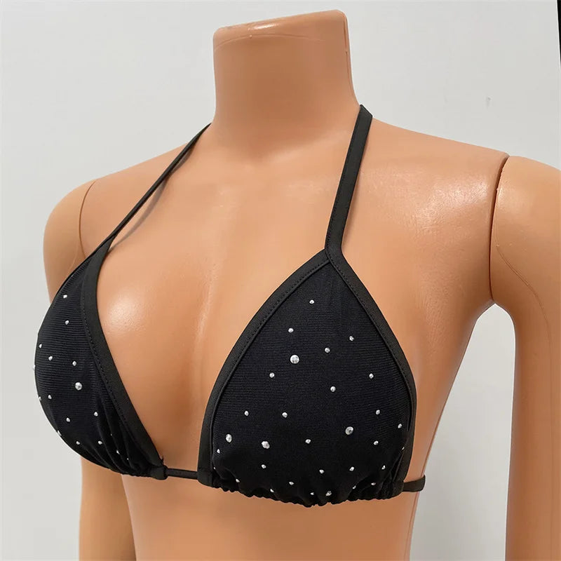 Rhinestones Mesh See Through Sexy Two Peice Sets Women Matching Sets Outfits Clubwear Night Out Halter Lace-up Bra and Shorts