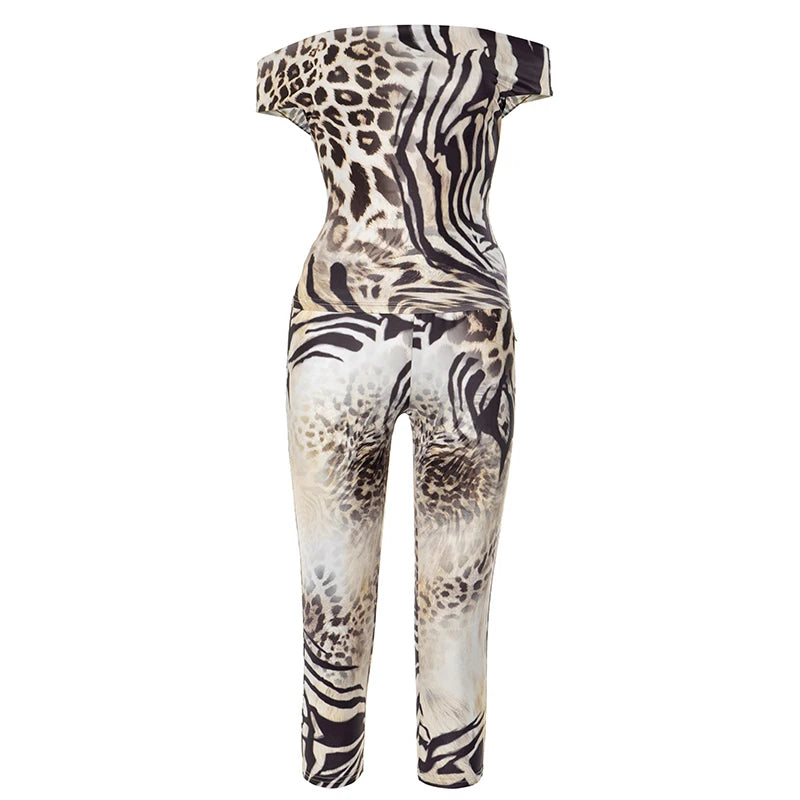 Weird Puss Leopard Print Fashion 2 Piece Set Women Slash Neck Backless Top+Skinny Peach Hip Crop Pants Hottie Hipster Streetwear