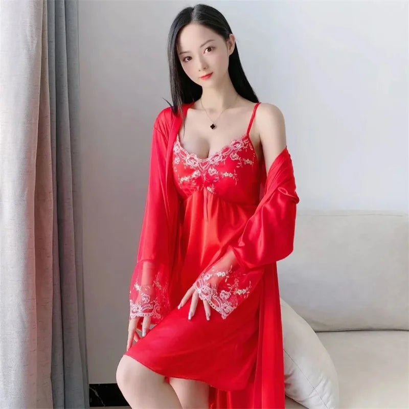 Comfortable Relaxed Fit Lace Up Two Piece Robe Set For Women