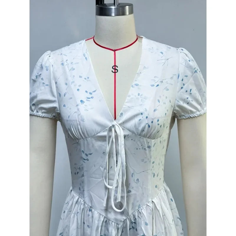 Women Short Sleeve Print V-neck Elegant Long Pleated Dress 2025 Sweet Holiday Beach Evening Sexy Party Dresses Vestidos