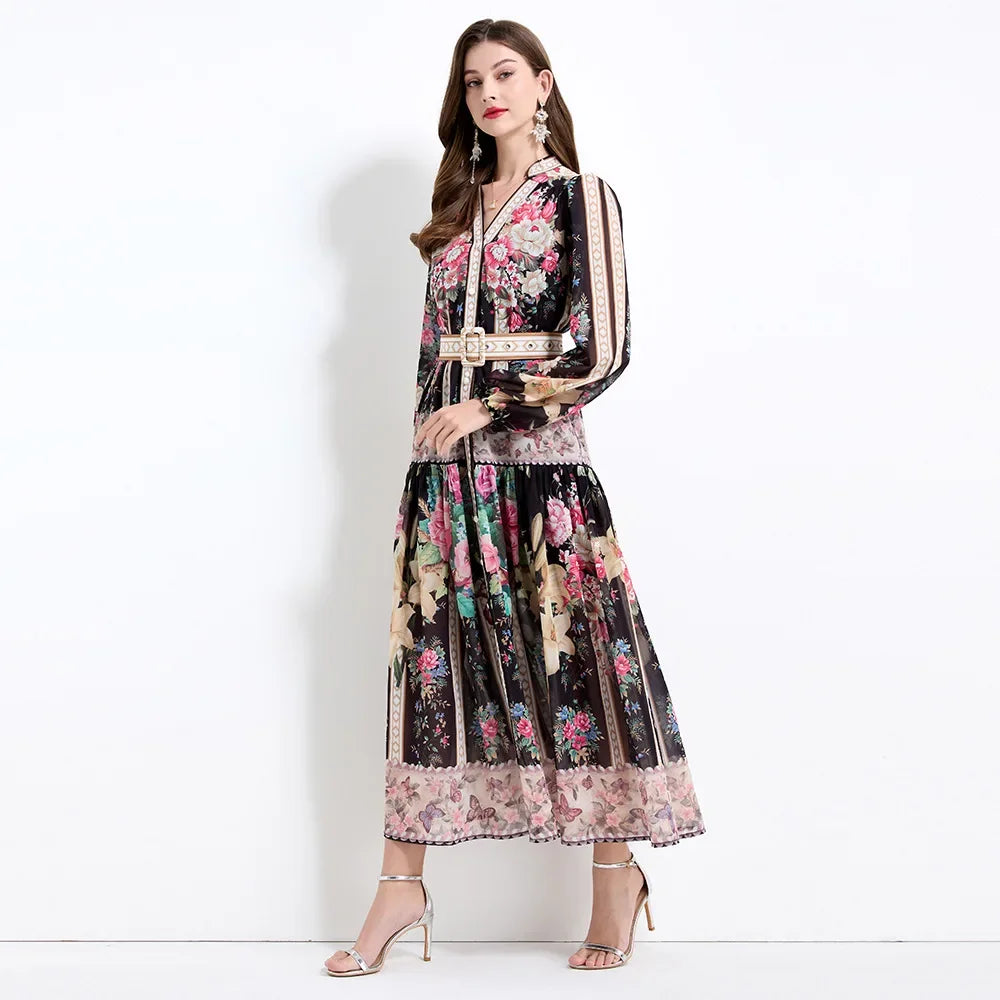 Elegant French Vintage Dress Women's High Waist Belted Print Court Style Long Dress Classy Sensation Skirt Fashionable Gown