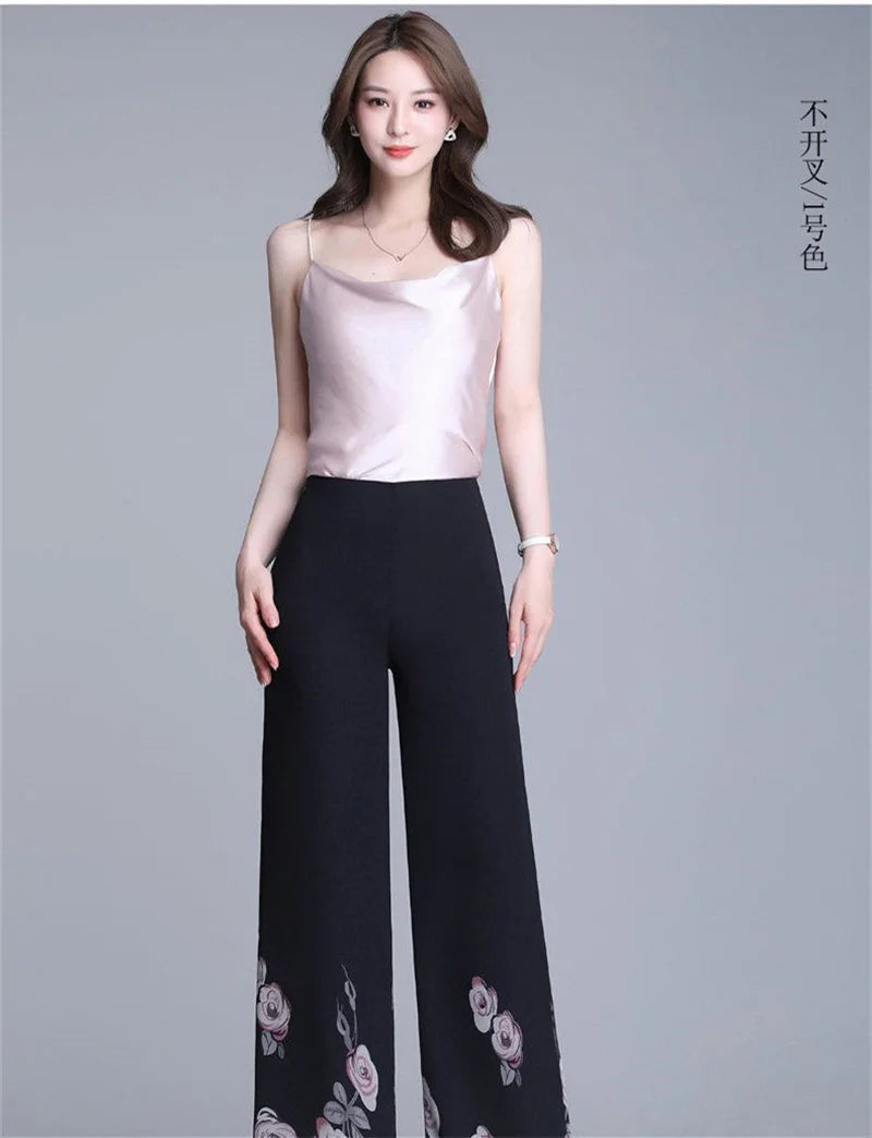 Double Layer Printed Chiffon Wide Leg Pants For Women's Summer New High Waisted Loose Dance Swing Pants Drooping Skirt Pants LA