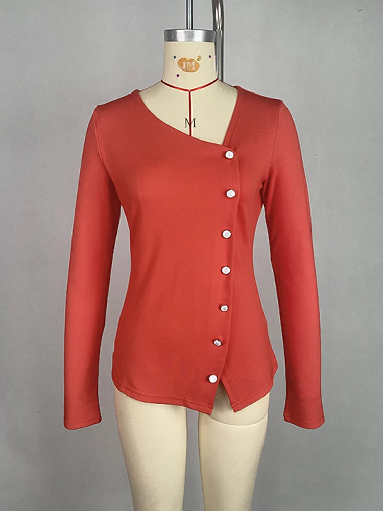 Long Sleeve T-shirt Women Skinny Clothies 2025 Fashion Pearl Buttons V-neck Irregular Red Black Casual Female Y2k Tops
