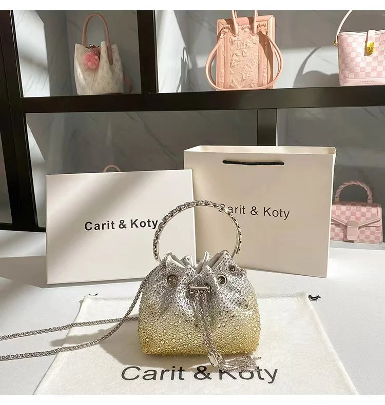 Crystal Shiny Diamonds Bucket Bag Fashion Women Handbag Metal Ring Handle Evening Bag Wedding Party Clutch Purse Crossbody Bag