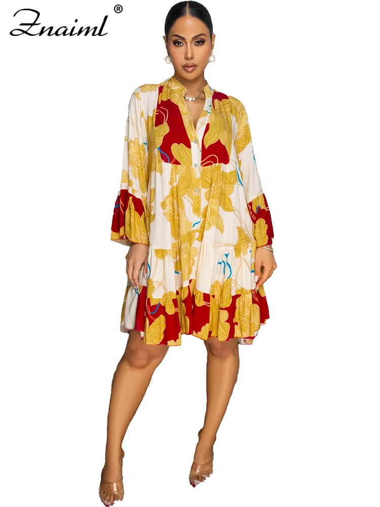 Znaiml Casual Long Sleeve Beach Short Dress for Women Boho Summer A-Line Floral Print Sundresses Y2k T-Shirt Mini Dresses 2025