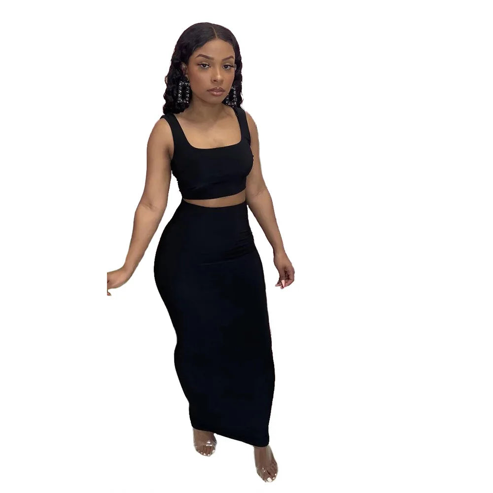 CM.YAYA Women Set Solid Sleeveless Strap Square Collar Crop Tops Stretchy Long Skirts Two Piece Set Sexy Fashion Outfits Summer