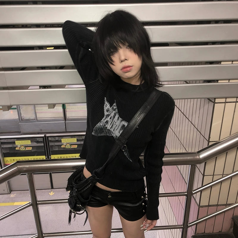 Karrram Japanese Y2k Black Knitted Tops Trashy 2000s Style Long Sleeve Knit T-shirt Vintage Harajuku Distressed Knitwear Grunge