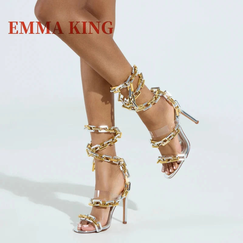 Gold Chain Straps Ankle Wrap Extra High Thin Heel Sandals for Women
