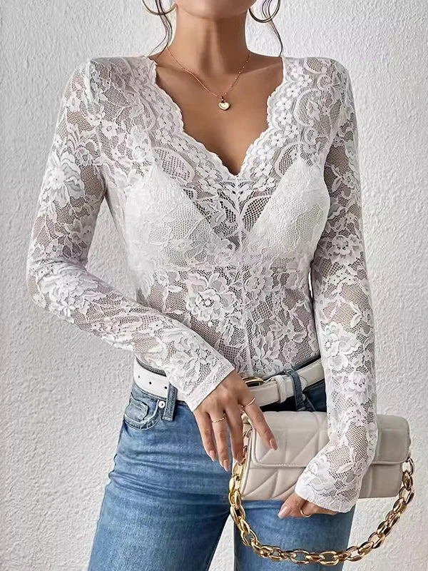 Bonboho 2026 Spring New Women's Sheer Lace V-neck T-shirt Solid Color Long Sleeves Skinny Shirt Romantic Chic Blouse for Women