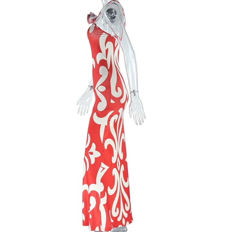 Fashionable European Style Printed Sexy Sleeveless Halter Neck Floral Decorated Hip Dress Trendy Women's Ready-Made Dress