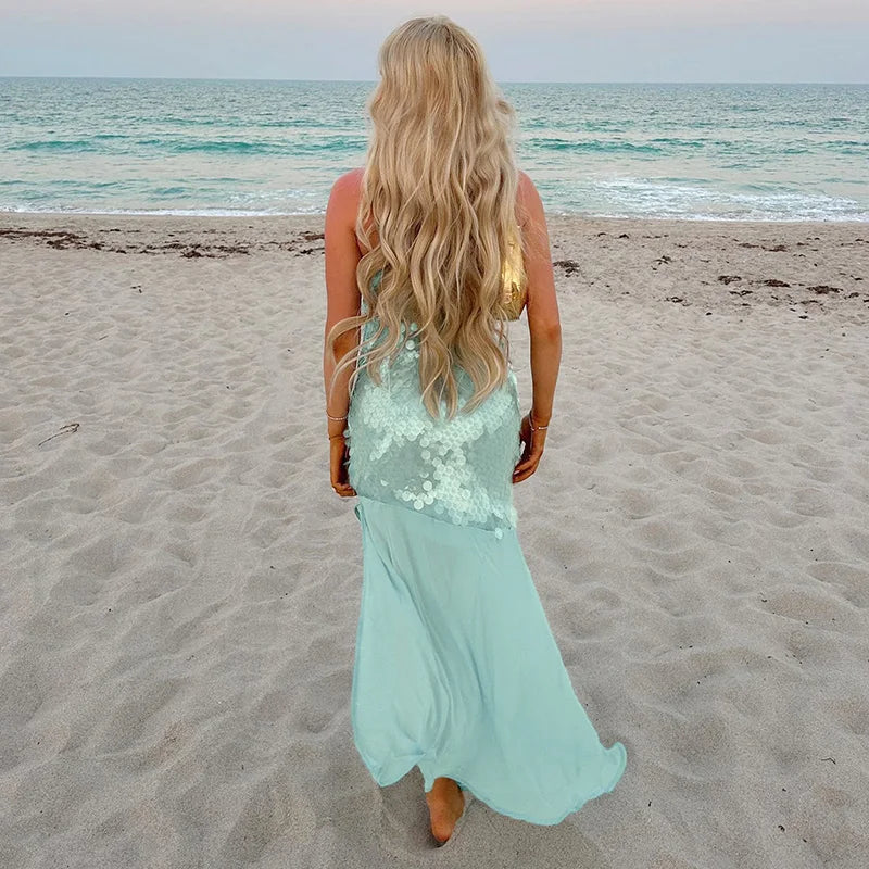 Beach O Neck Pleated Women's Long Dress New Sexy Mermaid Solid Camisole Dress Shiny Sequins Hollowed Out Sleeveless Party Dress