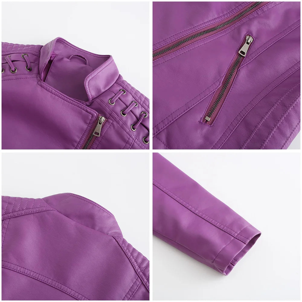 Spring Autumn Leather Jacket Women Slim Fit Motor Biker PU Leather Short Coat Stand Collar Ladies Zipper Outerwear 2024 New