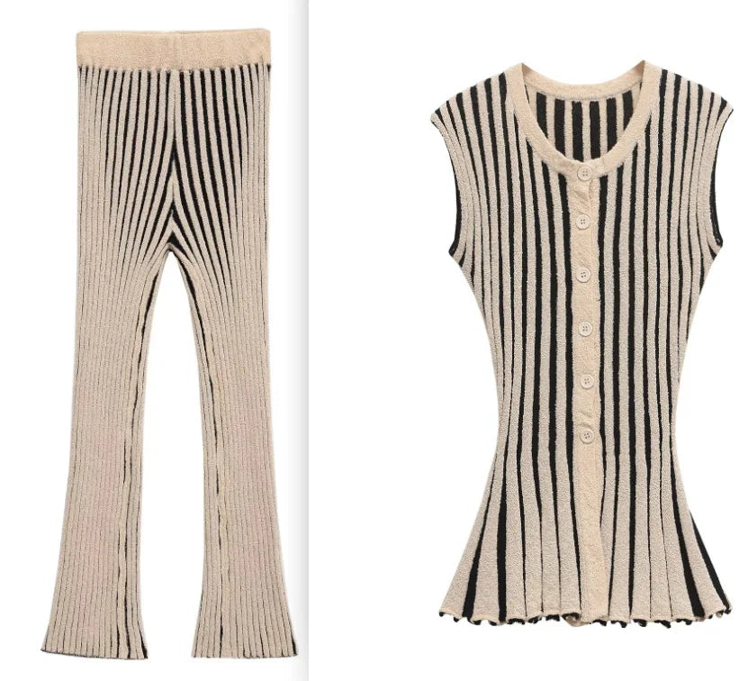 Joskaa 2025 Women's Striped Knit Two Piece Set Casual O-Neck Sleeveless Sweater Vest and Flared Pants Matched Vintage Streetwear