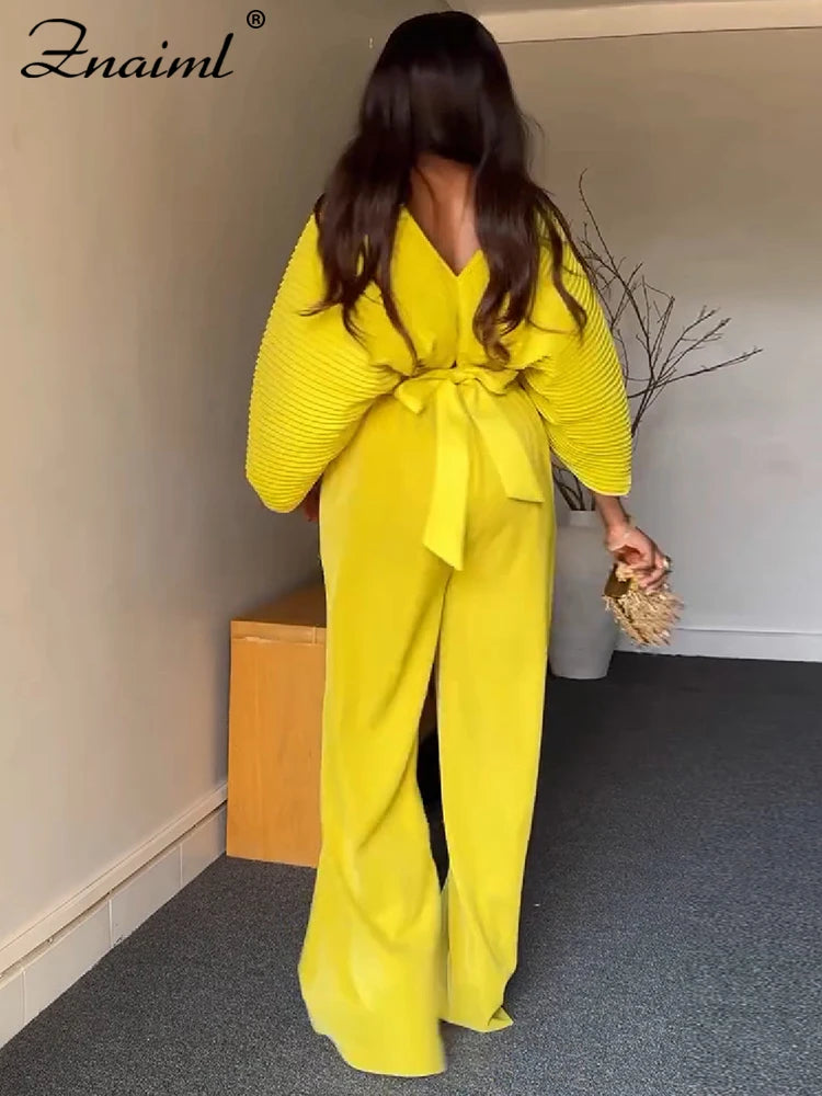 Znaiml Pleated Blouse V Neck Full Sleeve and Wide Leg Pants Women Loose 2 Pieces Sets Elegant Office Ladies African Outfits 2025