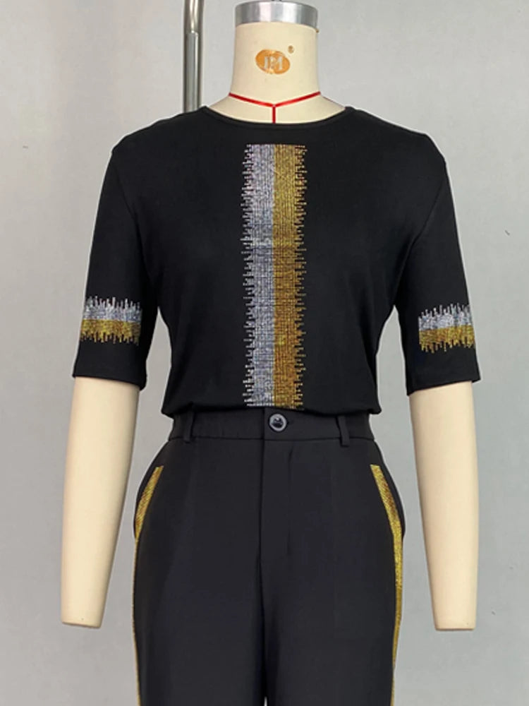 Beautyblue Summer Top Women's T-shirt Fashion Skinny Striped Hot Diamonds Half Sleeves Slim Fit Round-Neck Casual Female Clothes
