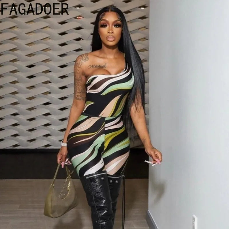FAGADOER Fashion Stripe Printing Bodycon Rompers Women Oblique Shoulder Backless One Piece Jumpsuits Female Midnight Overalls