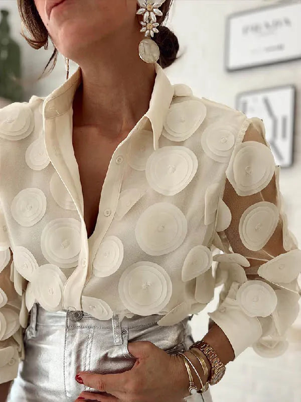 2024 New T-shirt for Women Hollowed Long Sleeves Appliqued Lapel Shirt Urban Female Stylish Loose Fit Buttoned Blouses