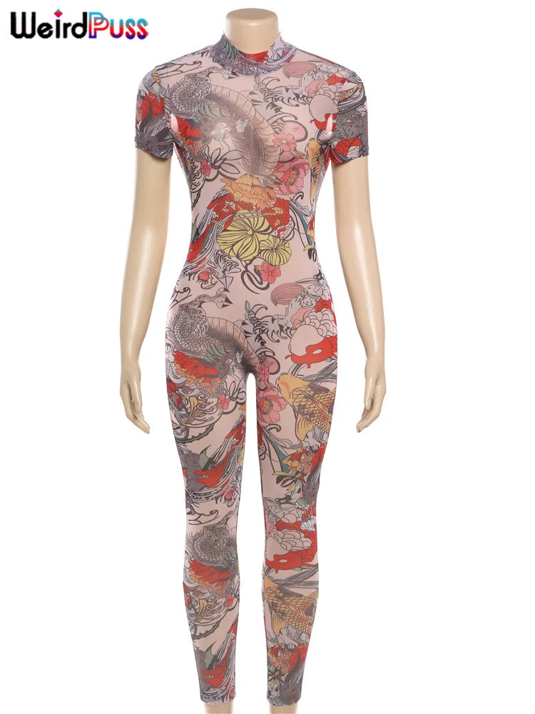 Weird Puss Serpentine Jumpsuit Women See Through Backless Short Sleeve Sexy Fit Summer Workout Overalls Stretch Button Clubwear