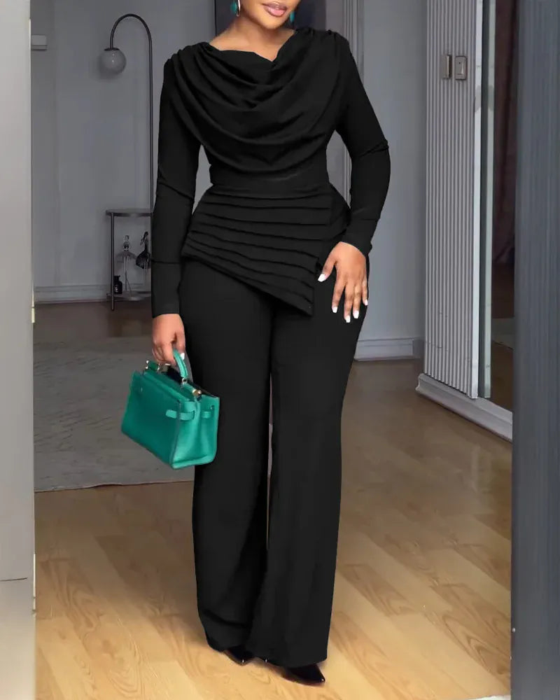 Ruched Swing Collar Long Sleeve Jumpsuit