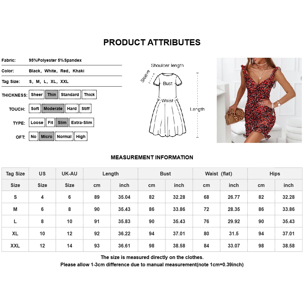 Women's Boho Floral V-Neck Sleeveless Ruffle Bodycon Mini Dress Summer Ladies Casual Holiday Vacation Sundress Size S-2XL