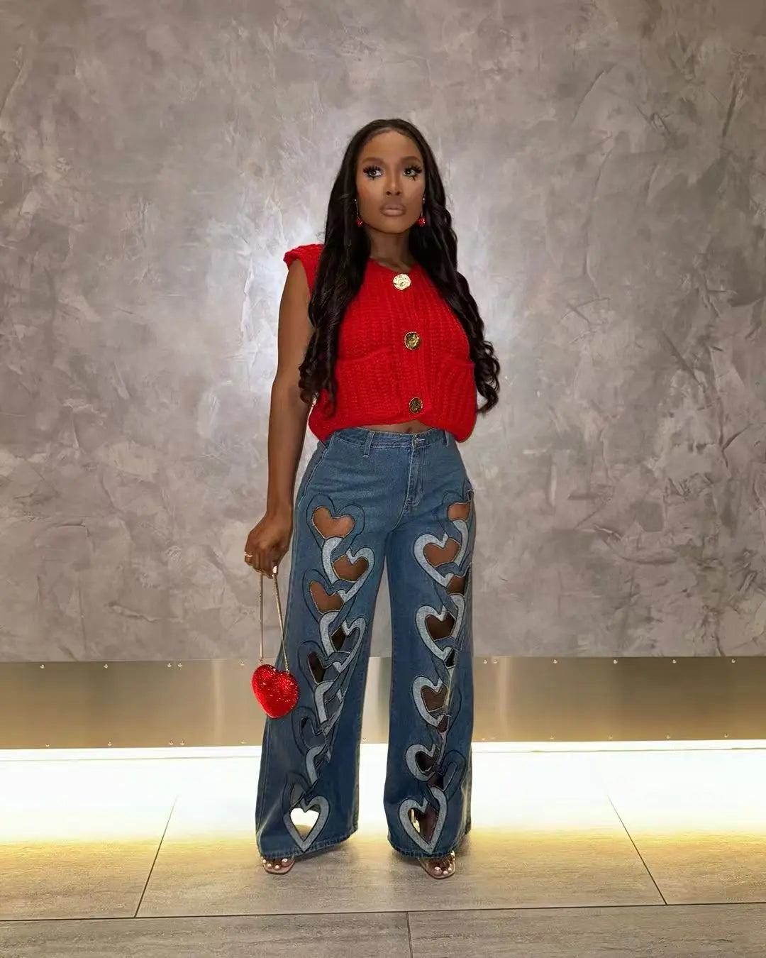 CM.YAYA Women Vintage Cutout Love Hollow Out Cross Straight Denim Pants 2025 Fall Fashion INS High Waist Wide Leg Jeans Trousers