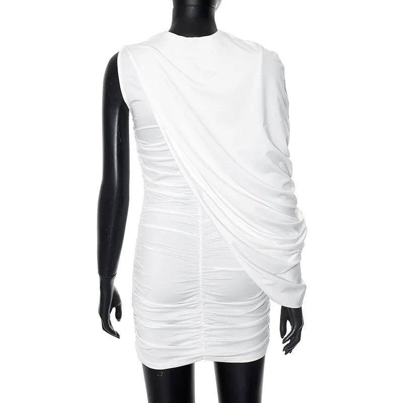 Joskaa Elegant Pleated O-Neck Asymmetric Single Sleeve Body-Shaping Mini Dresses for Women 2025 Summer Holiday Party Clubwear