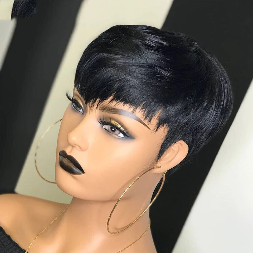 Dark Red Pixie Cut Wig 1B/99J Human Hair Short Bob Wig With Bang Brazilian None Lace Wigs For Women Full Machine Human Hair Wig